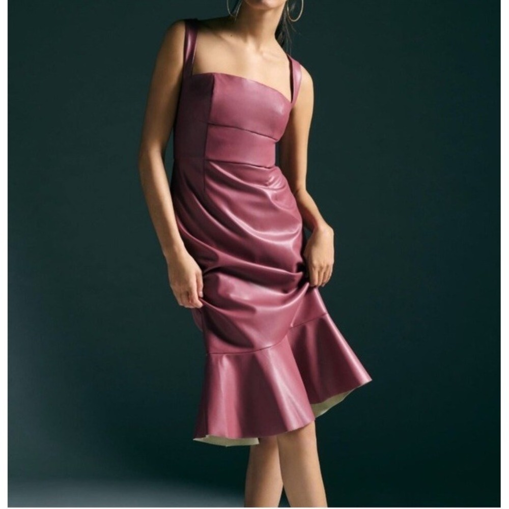 Anthro Hutch Faux Leather Square Neck Midi Dress Pink Mermaid Hem 4 $220